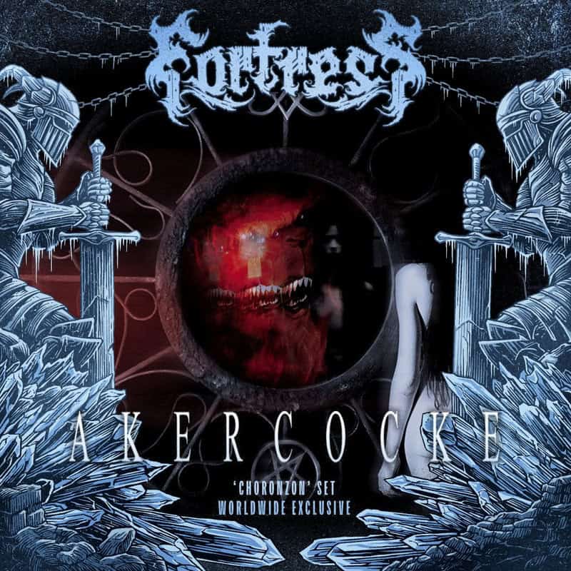 Akercocke Fortress Festival 2026 Dark fantasy cover with ominous skull and icy warrior swords, metalwar.gr logo, gothic horror themes, dark blue and black color scheme.