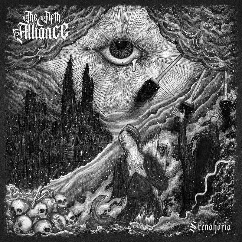 Gothic black-and-white album cover with a giant eye in the sky, a dagger, jagged mountains, skulls in a waves of fog, and a cloaked figure; Gothic text in the corner.