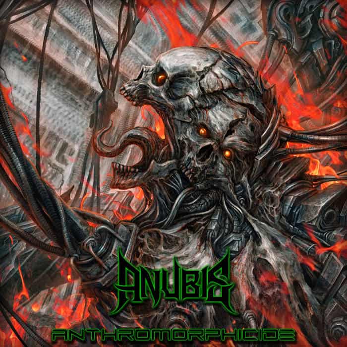 Demonic, skeletal creature with glowing orange eyes in a fiery, cybernetic scene; album cover art featuring the word ANUBIS and title ANTHROMOPHIGOS/ANTHROMOPHID? (album cover).