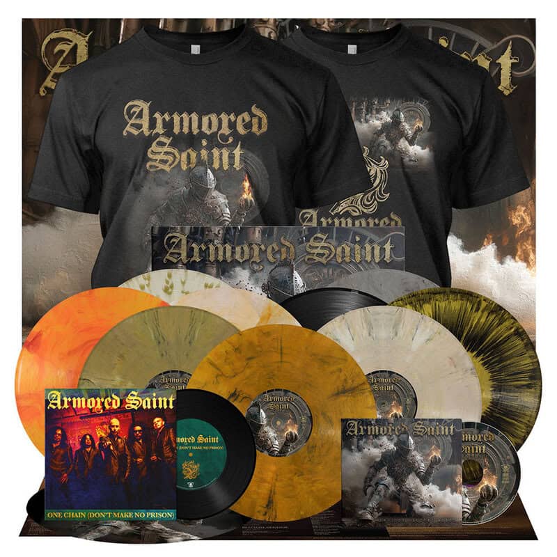 Armored Saint band merchandise: two black t-shirts with artwork and a complete vinyl record set in colorful marbled discs beneath them.