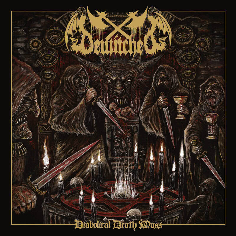 Dark album cover: horned demon at a ritual table surrounded by hooded figures wielding swords and goblets, lit by candles.