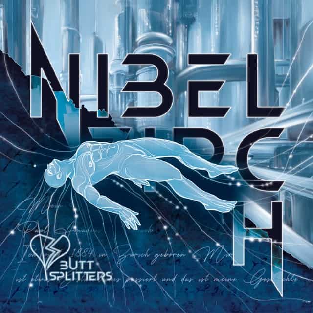 Blue-toned album cover featuring a cyan-outlined, floating human figure above a jagged dark landscape; large stylized text spans the scene reading 'NEBEL', with a 'BUTT SPLITTERS' logo in the lower left.