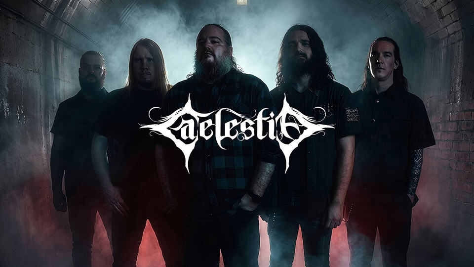Five-member metal band posing in a smoky tunnel with blue and red lighting; a stylized band logo sits centered in the foreground.