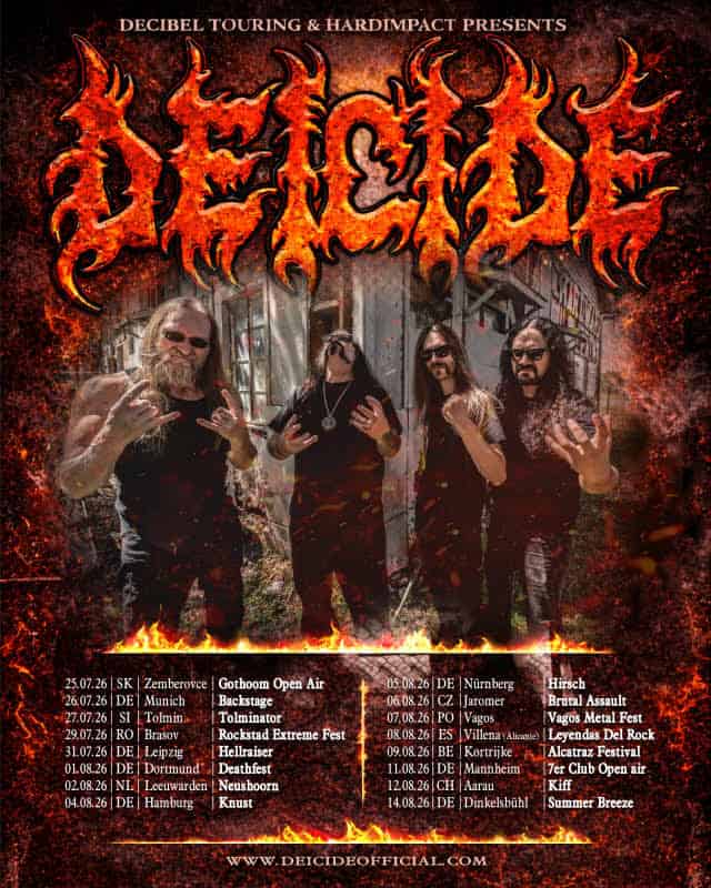 Promotional Deicide metal poster with a fiery red logo, four band members posing, and a tour dates list at the bottom.