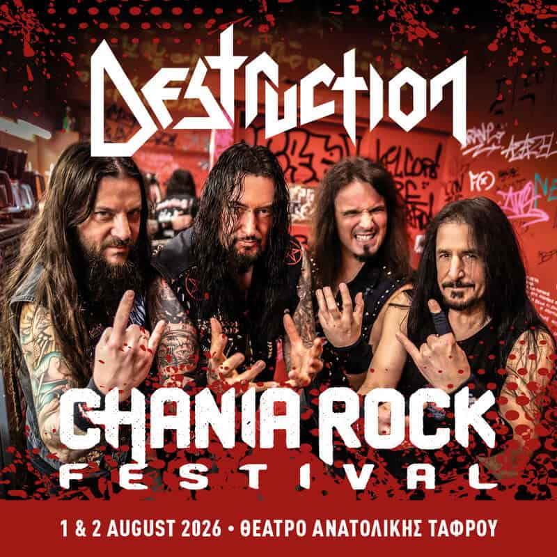 Poster for Ghana Rock Festival featuring the metal band Destruction posing with horns hand gestures, red graffiti backdrop, festival dates Aug 1–2, 2026, and venue Greek text.