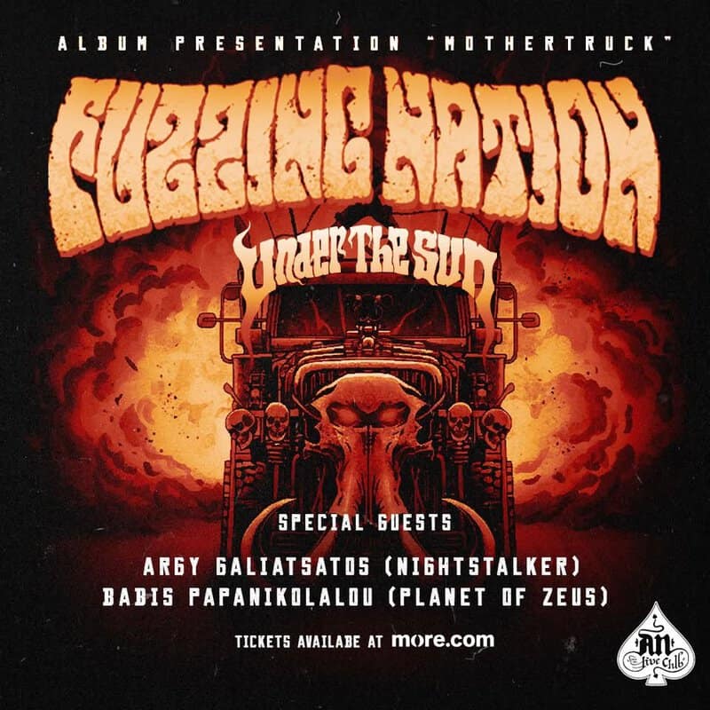 Poster for a metal concert: fiery truck centerpiece with skulls and bold orange title 'Supercharger' above; 'Under the Sun' subtitle and guest names below.