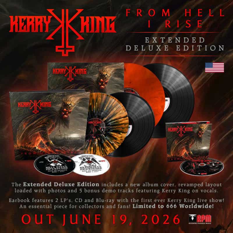 Promo image for Kerry King 'From Hell I Rise' Extended Deluxe Edition: fiery background, multiple colored vinyl records, album art, and release date Out June 19, 2026.