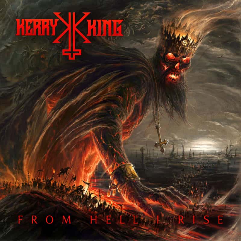 Album cover showing a massive fiery demon with a crown looming over a dark battlefield, with red 'Kerry King' text at the top and 'From Hell Rise' caption at the bottom.