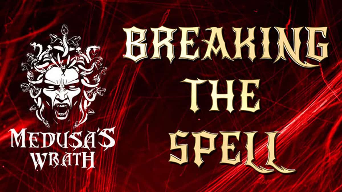 Red abstract background poster featuring a white Medusa head logo on the left and bold gold Gothic text reading 'BREAKING THE SPELL' with 'Medusa's Wrath' below it.