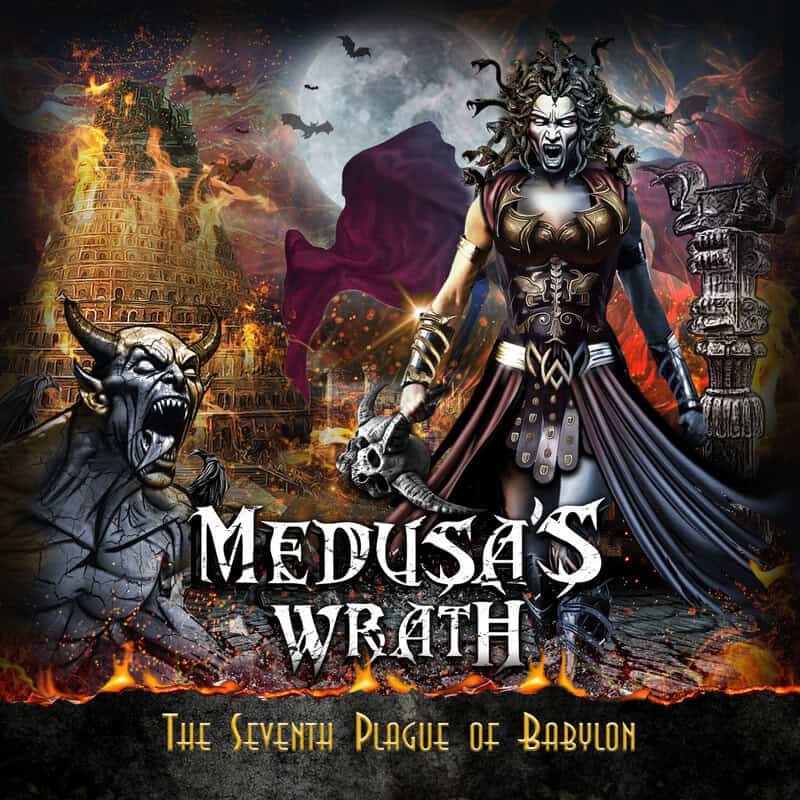 Fantasy book cover: a menacing woman with horned, serpentine headgear amid fire, ruins, and a full moon, with the title 'The Seventh Plague of Babylon'.
