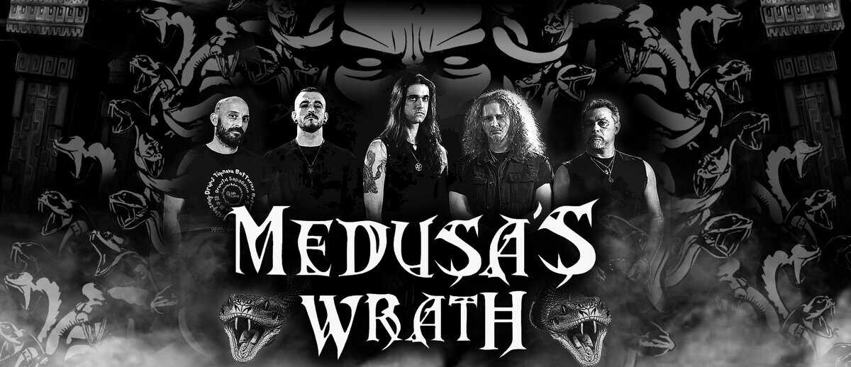 Five-member metal band posing in black outfits with the 'Medusa's Wrath' logo and snake motifs in a dark, smoky backdrop.