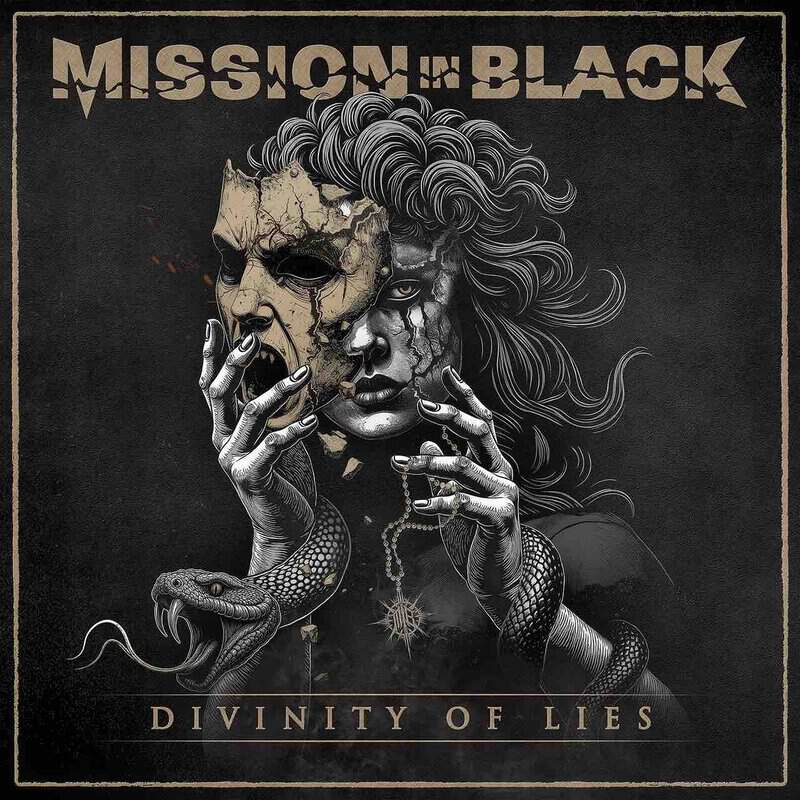 Dark album cover: a woman with a cracked mask peeling away from her face, hands near her head, a snake around her neck, title 'Divinity of Lies' at the bottom.