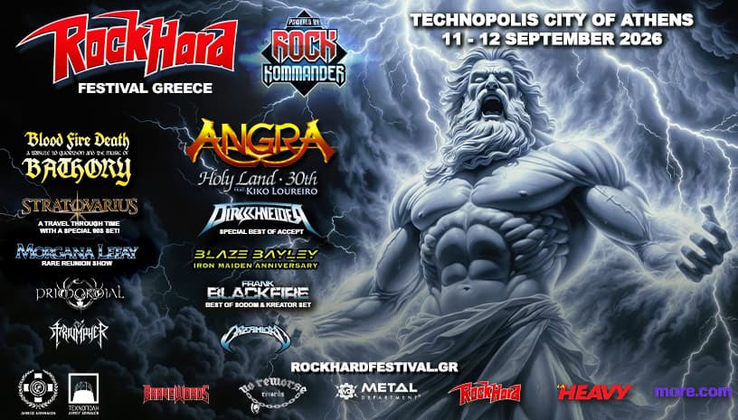 Poster for RockHard Festival Greece with lightning background and a shouting muscular statue, listing dates Technopolis City of Athens 11-12 September 2026 and various band logos along the sides—RockHard and sponsors visible at the bottom left and right.