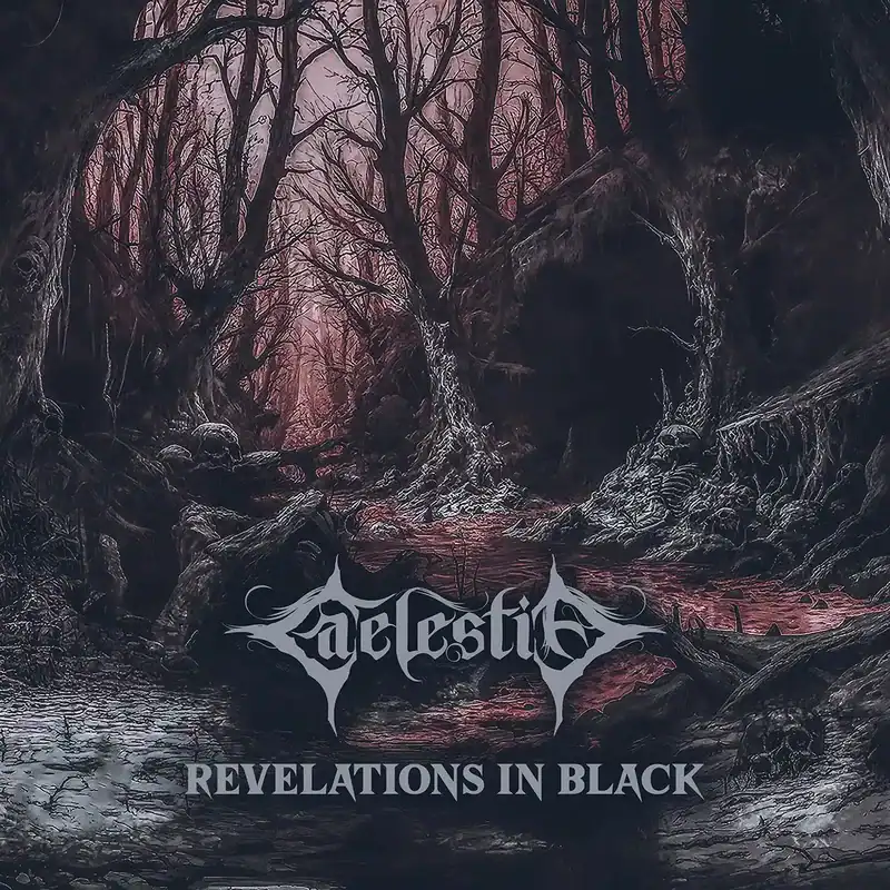 Eerie dark forest with twisted trees and a red-tinted pool; album title 'Revelations in Black' at the bottom.