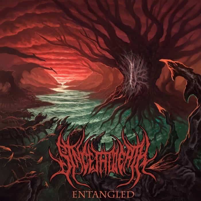 Surreal, hellish landscape with twisting roots, a glowing river, and a red band logo at the bottom reading 'Entangled'.