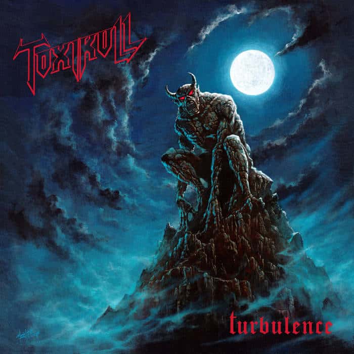 Album cover: a horned demon crouches on a jagged rock peak under a full moon with blue mist; 'Toxikull' logo top left and 'turbulence' bottom right.