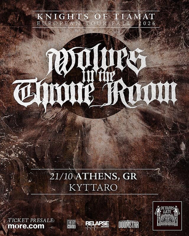 Poster for Wolves in the Throne Room’s Knights of Tiamat European tour fall 2026, with date 21/10 in Athens, Greece at Kyttaro; ticket info logos at bottom.