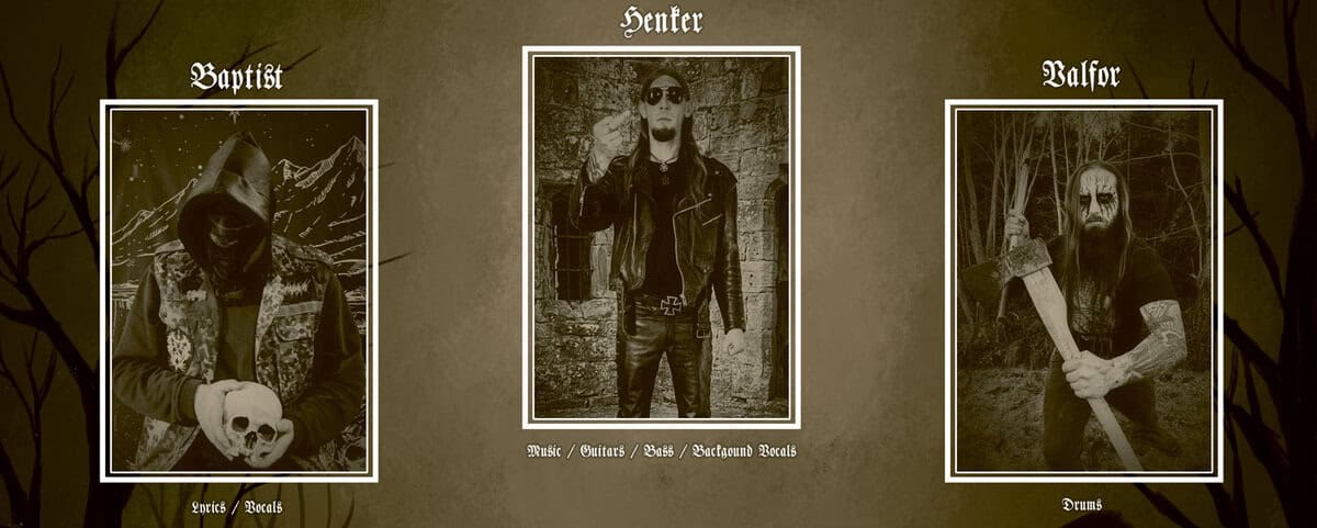 Three monochrome band portraits in white frames on a brown forest backdrop: Baptist with a skull on the left, Henker in a leather jacket center, Valfer with an axe right.