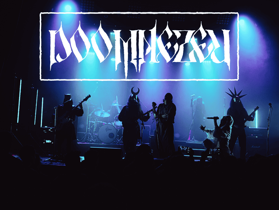 Live metal band on stage under blue lights, silhouetted audience, with a large white stylized banner logo above the performers.