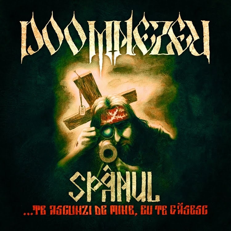 Doom metal band poster with a bearded man wearing a gas mask in front of a wooden cross, band name at top and red Romanian subtitle at bottom.
