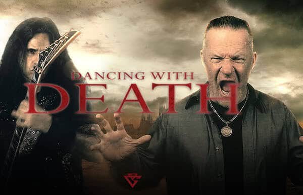 Promotional poster for 'Dancing with Death' showing a guitarist on the left and a shouting vocalist on the right.