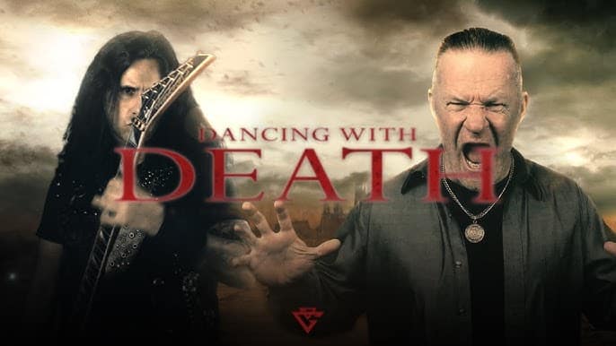 Promotional poster for 'Dancing with Death' showing a guitarist on the left and a shouting vocalist on the right.