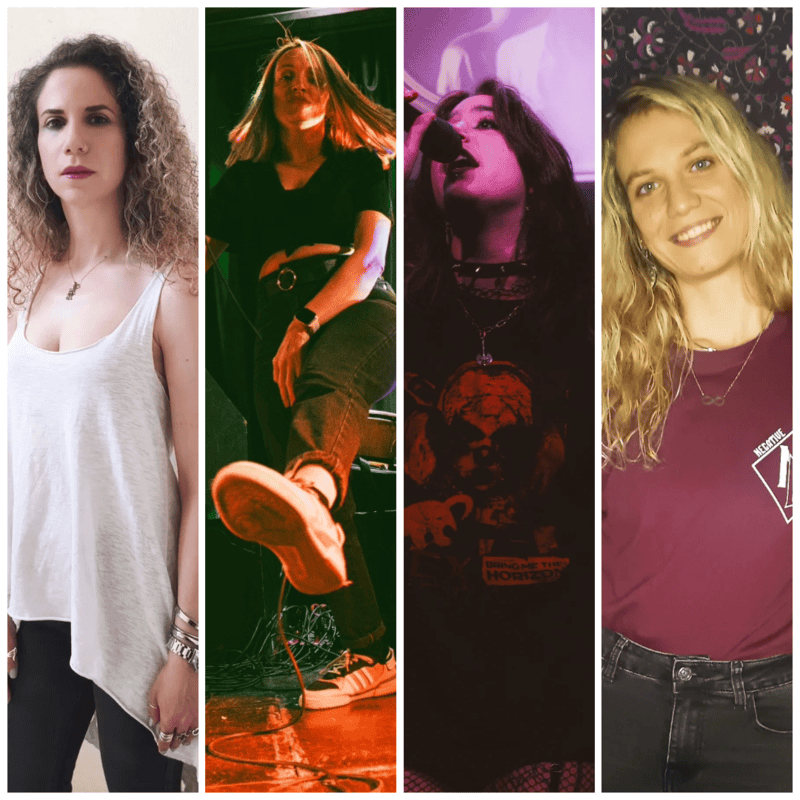 Four-panel collage of female musicians: (1) woman in a white tank top, (2) guitarist mid-performance, (3) singer at microphone, (4) smiling woman in a maroon top.