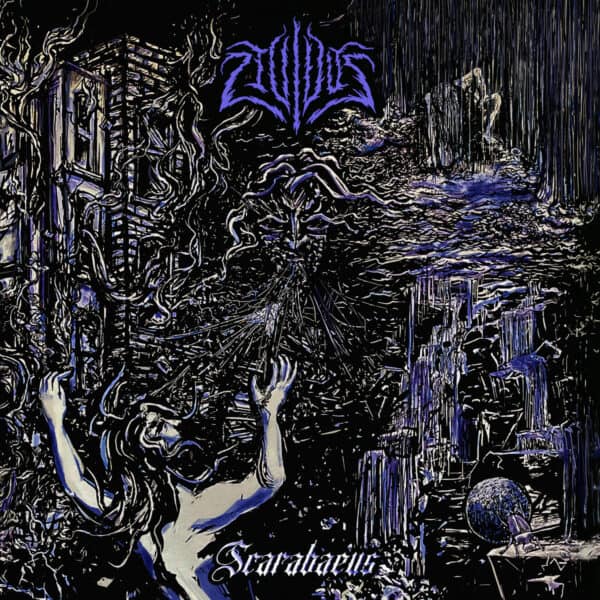 Dark fantasy album cover: a fearless woman reaches upward among tangled, sinewy structures and a ruined city bathed in blue‑purple light; chaotic, otherworldly scene.