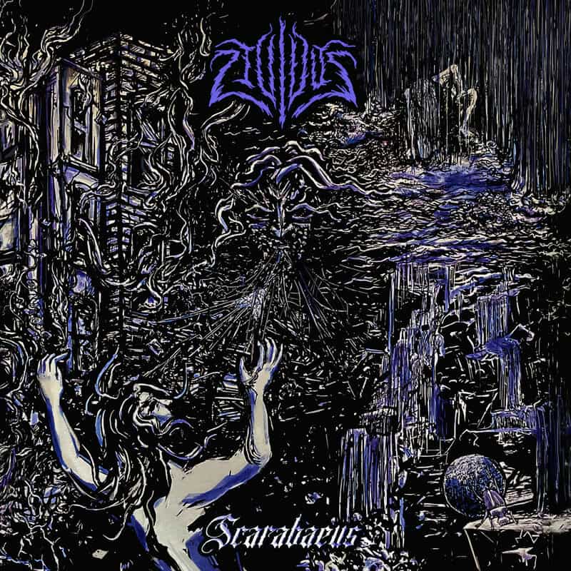Dark fantasy album cover: a fearless woman reaches upward among tangled, sinewy structures and a ruined city bathed in blue‑purple light; chaotic, otherworldly scene.
