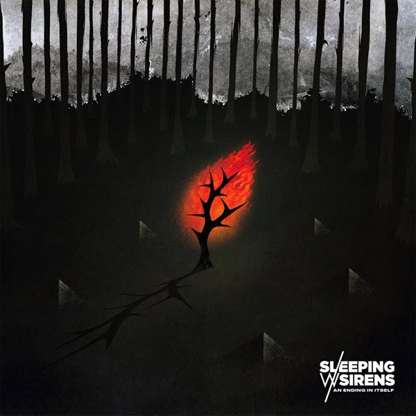 Dark forest with tall black trees; a single bare tree burns with red-orange flame at center; Sleeping With Sirens album cover art.
