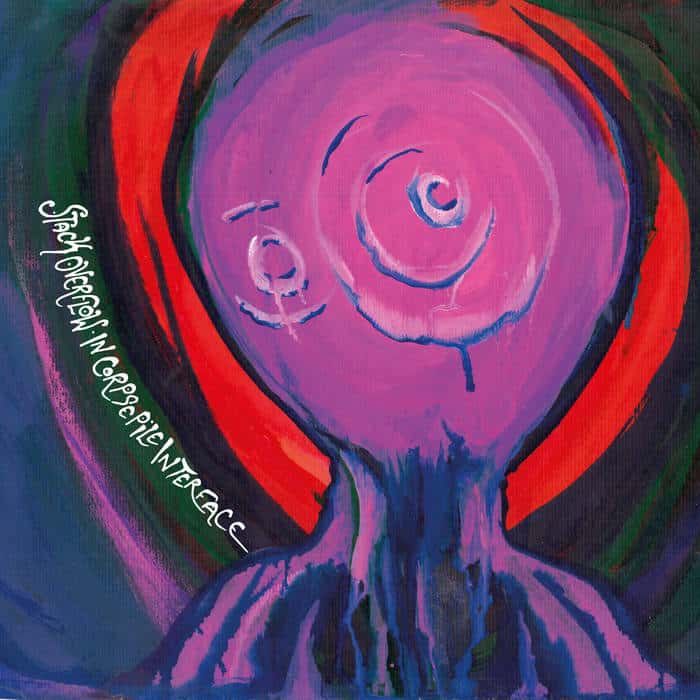 Abstract, surreal painting of a purple head with circular eye motifs against a red-and-rainbow background; signature on the left edge.