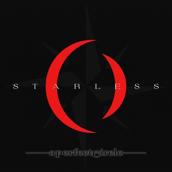 Album cover for Starless by a Perfect Circle, featuring two red crescents forming a circle on a black background with subtle star shapes in the distance.