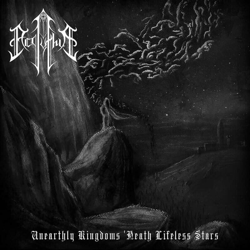 Album cover featuring a dark, jagged landscape under a starry sky with a white gothic band logo in the upper left and the title 'Unearthly Kingdoms Death Lifeless Stars' along the bottom.