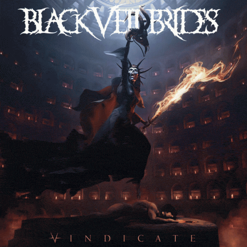 Album cover for Black Veil Brides—Vindicate: a cloaked figure with a flaming weapon stands in a lit arena, band name across the top.
