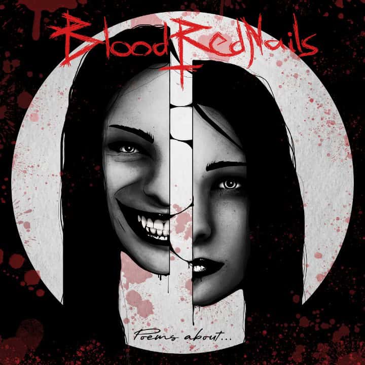 Album cover for Blood Red Nails featuring a split-face design: left half a snarling, monstrous grin and right half a calm, pale face, with red splatters and a pale circular backdrop.
