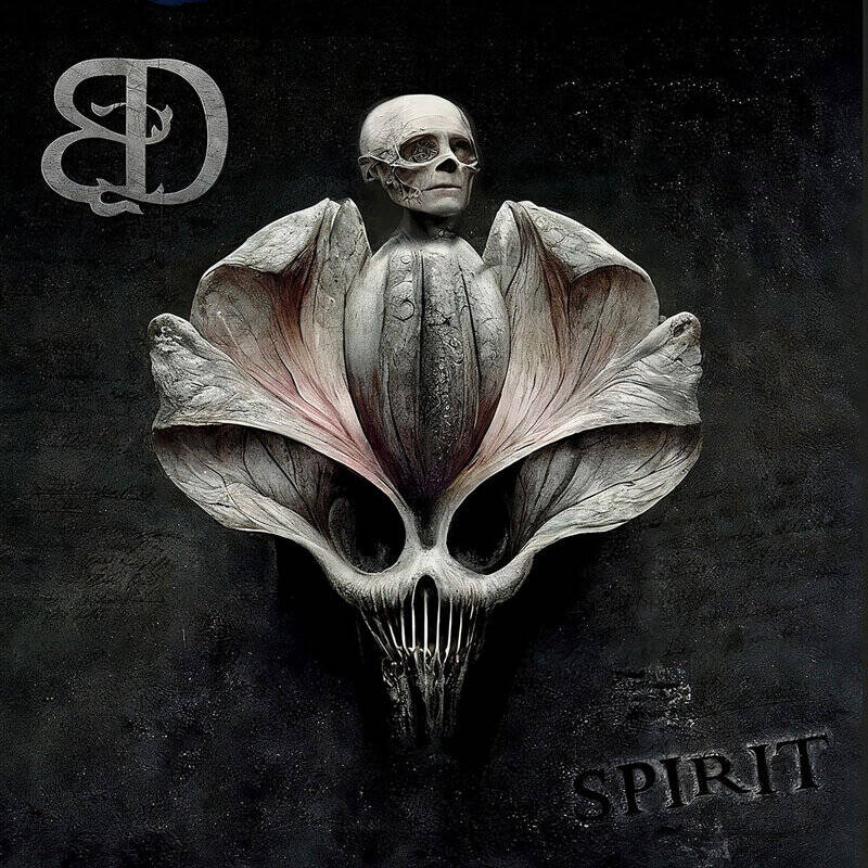 Surreal artwork of a pale skeletal figure perched atop a large, bone-like flower forming a skull, with the word SPIRIT in the bottom right and a logo in the top left.