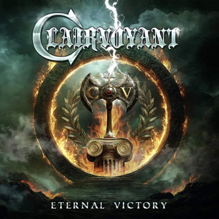 Album cover for Eternal Victory: a glowing circular ring with lava-like fire, a double-headed axe on a pedestal, laurel branches, and lightning in a stormy sky.
