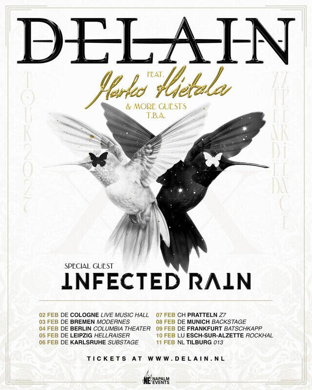 Concert poster advertising Delain with guest Hosh and the title Infected Rain, featuring white and black doves in flight.
