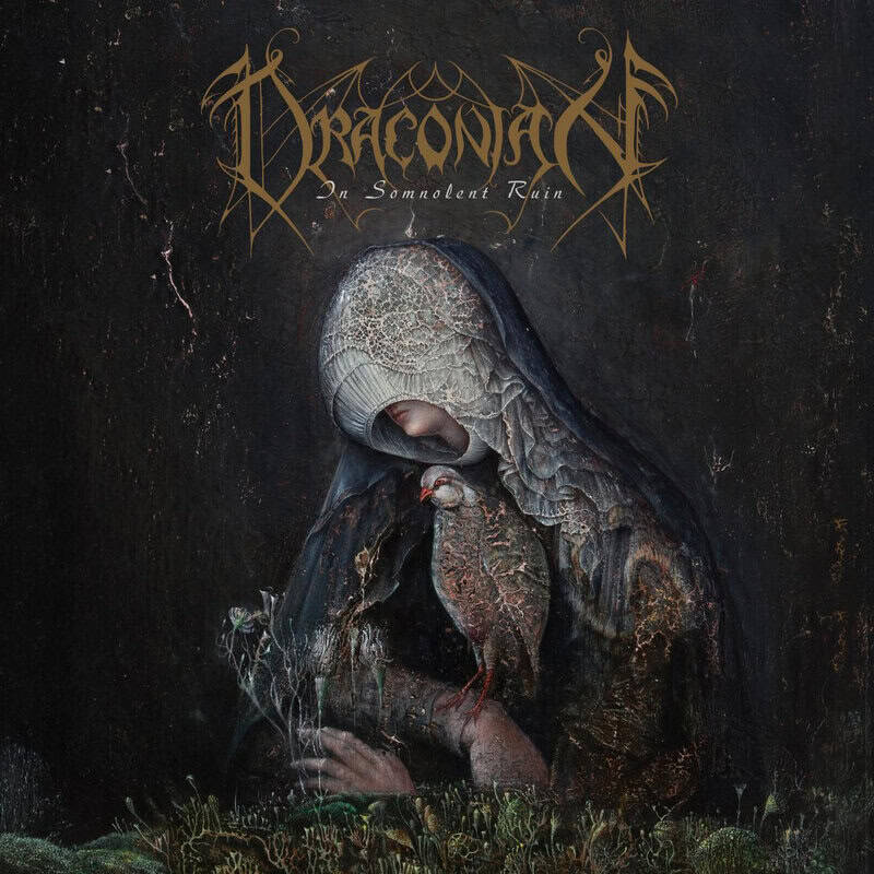 Dark fantasy album cover: a hooded figure with a cracked lace veil cradles a bird against a textured, somber backdrop; gold band logo above.