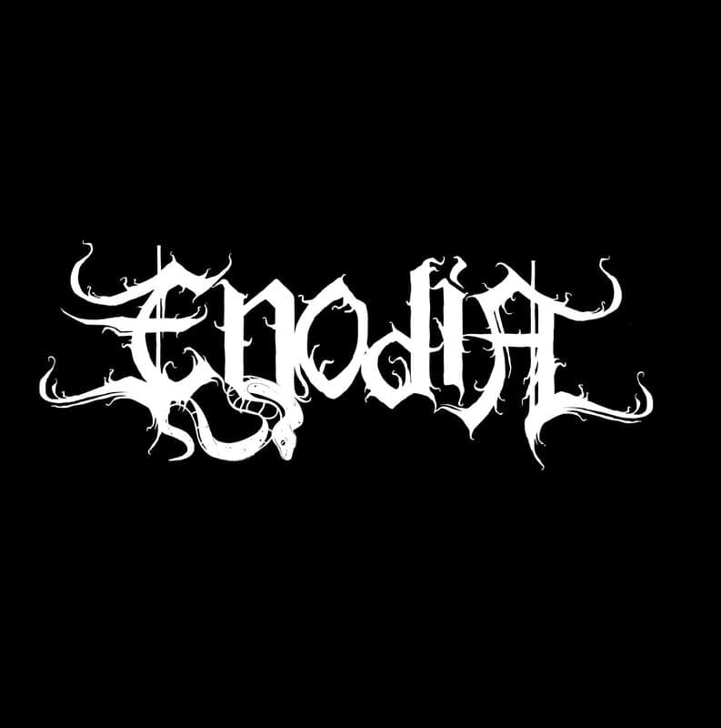 White, intricate band logo with tangled, thorny letters on a black background