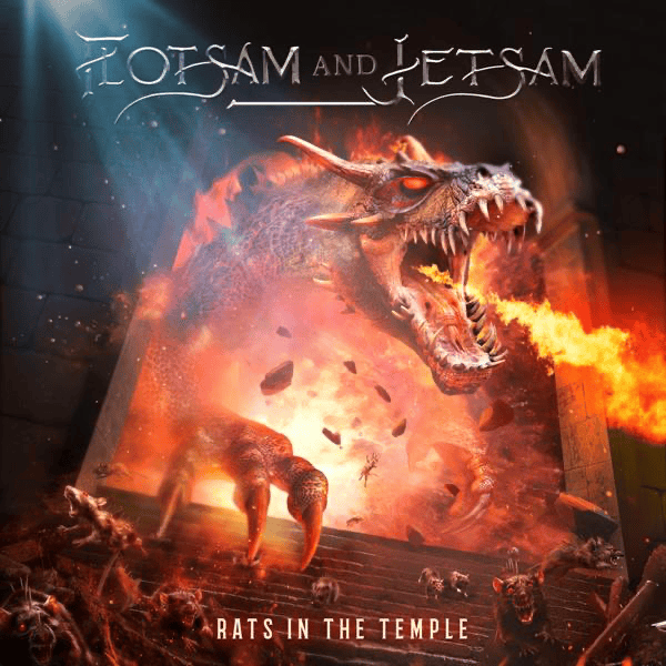 Album cover for Flotsam and Jetsam showing a dragon breathing fire at a temple with the title 'Rats in the Temple' visible above.