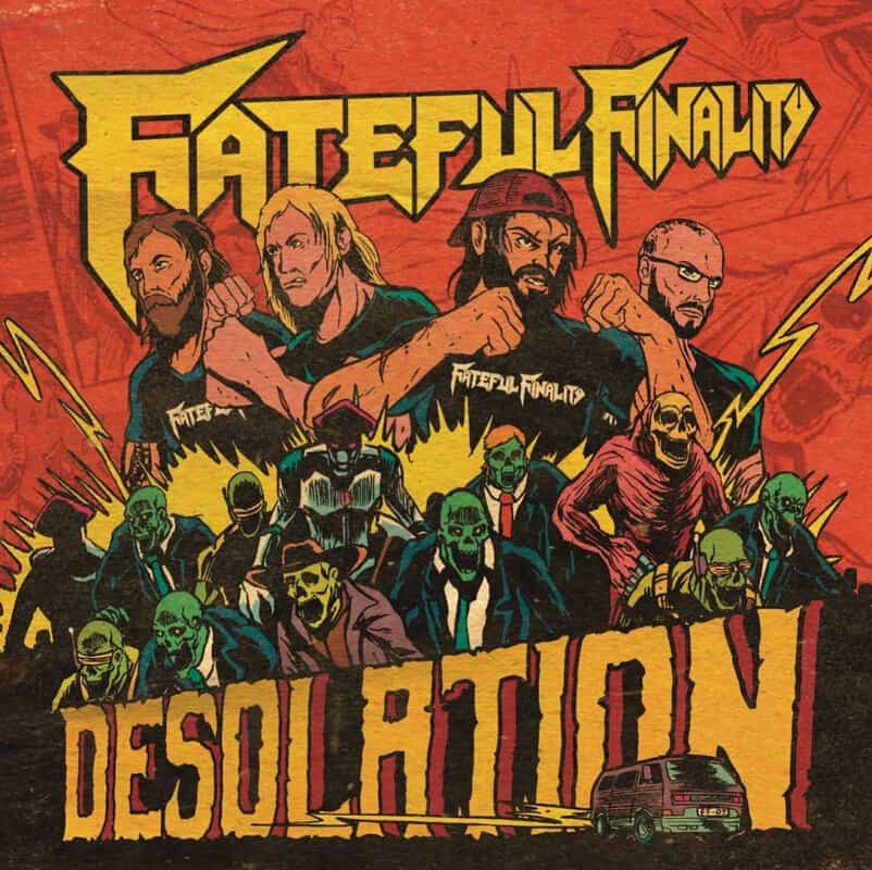 Comic book cover with four muscular figures at the top, a crowd of zombies in suits below, a red-orange background, and the word 'Desolation' in jagged letters.