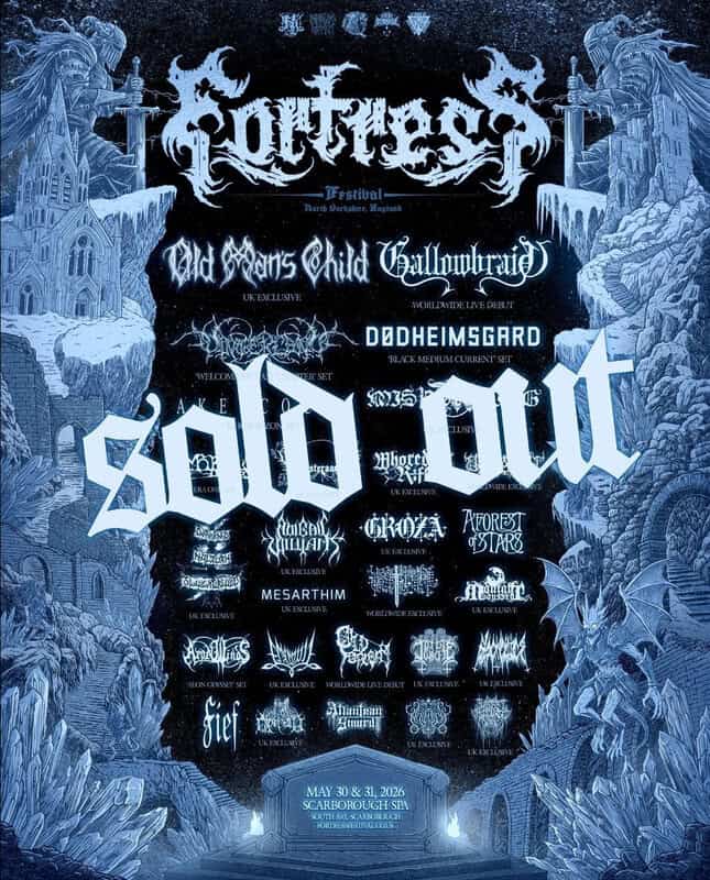 Blue-tinted poster for a metal festival with band logos and the dates May 30–31, 2026 at Scarborough Spa, UK.