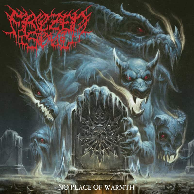 Ice-demon album cover: blue, snarling wolves surround a frozen throne with a sun emblem; title NO PLACE OF WARMTH at bottom; red logo top left.