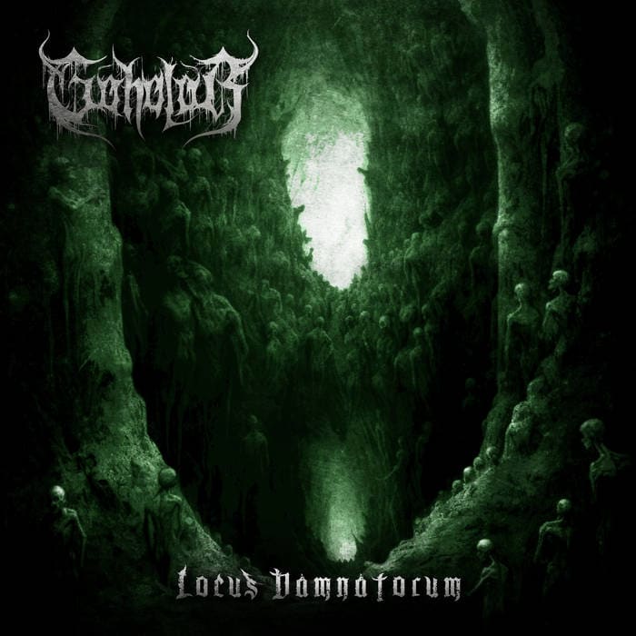 Green-tinted cavern crowded with skeletons along the walls, light at the far opening; band logo top-left, album title bottom.