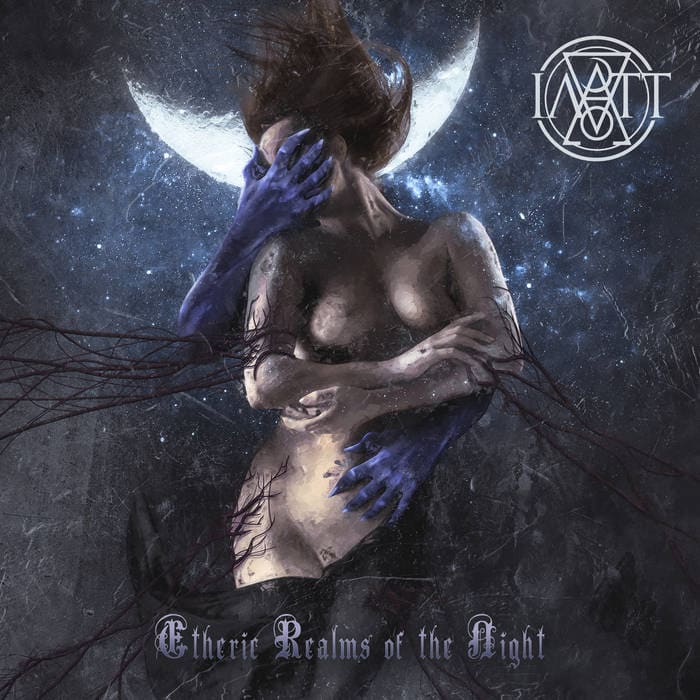 Fantasy album cover: a topless woman held by blue gloved hands under a crescent moon in a starry night; title 'Etheric Realms of the Night'.