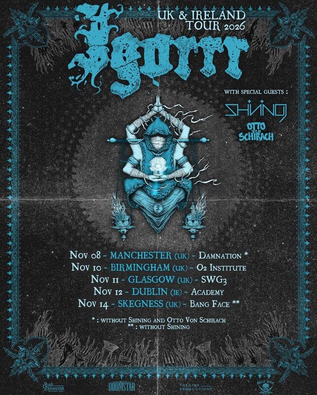 Poster for Ghost UK & Ireland Tour 2026, featuring guests Shined and Otto Von Schirach; dates include Manchester, Birmingham, Glasgow, Dublin, and Skegness.