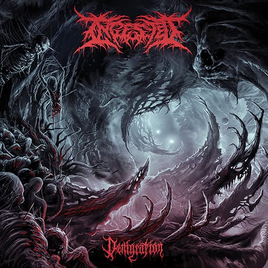Dark death metal album cover featuring jagged, skeletal forms and a crimson band logo overhead, swirling cavernous scene in black and blue tones with a pale glow at the center