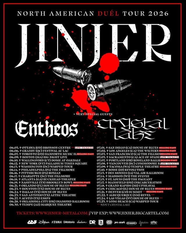 Poster for JINER's North American Duel Tour 2026 with blood-splatter design and bullets, listing tour dates at the bottom.