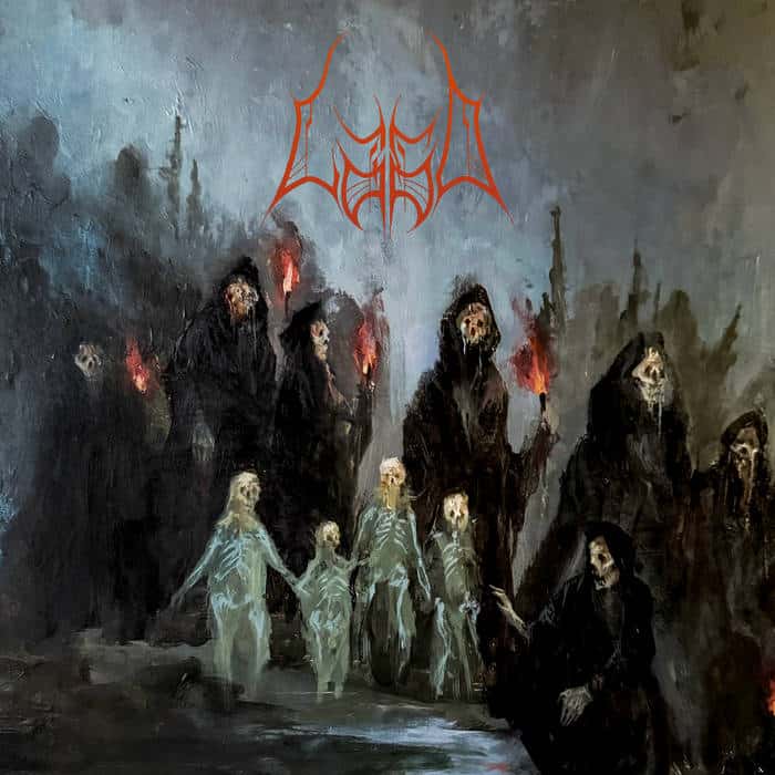 Dark, moody album cover scene with hooded robed figures carrying torches and pale translucent figures walking in a misty landscape; a red, ornate band logo sits above.